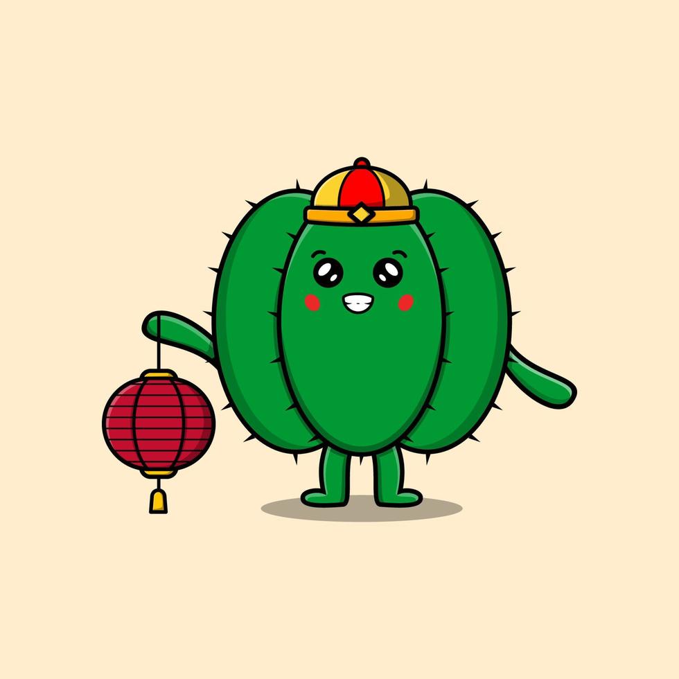 Cute cartoon Cactus chinese holding lantern vector