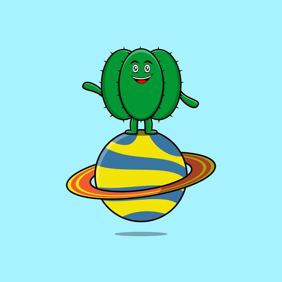 lindo personaje de cactus de dibujos animados de pie en el planeta vector