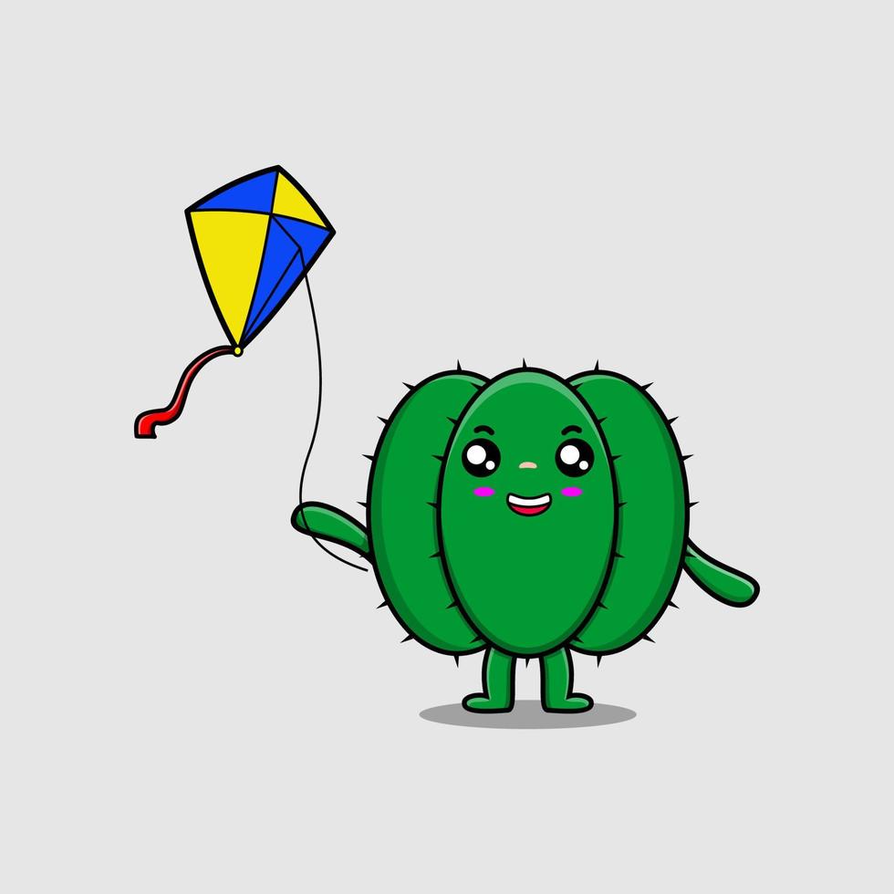 lindo personaje de cactus de dibujos animados jugando cometa desollando vector