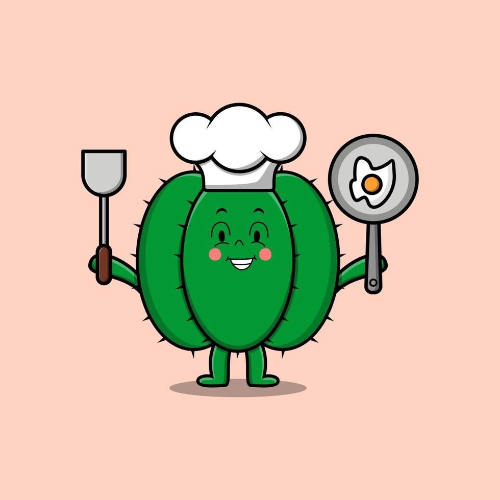 chef de cactus de dibujos animados lindo con sartén y espátula vector