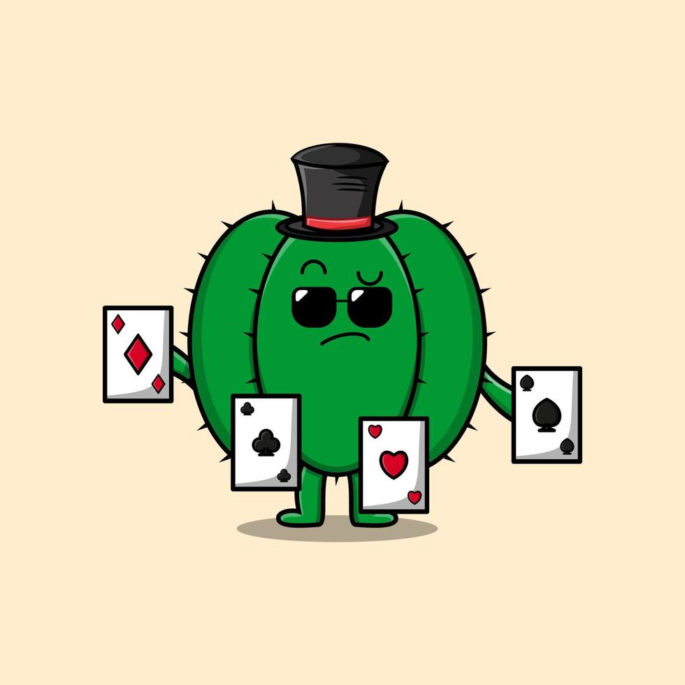 lindo mago de cactus de dibujos animados jugando cartas mágicas vector