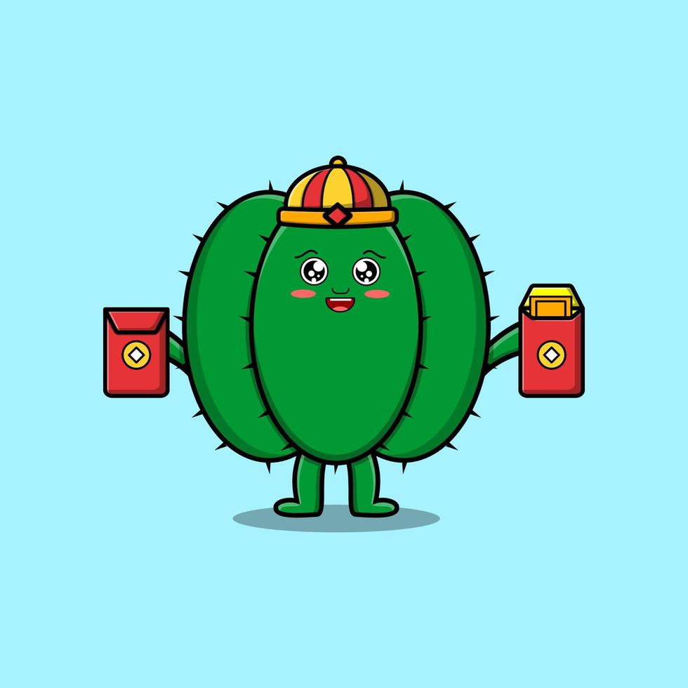 Cute cartoon Cactus chinese holding red packets vector