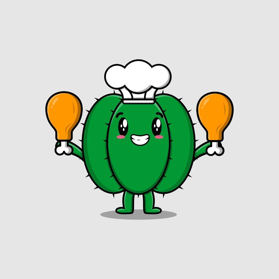 cartoon Cactus chef holding two chicken thighs vector