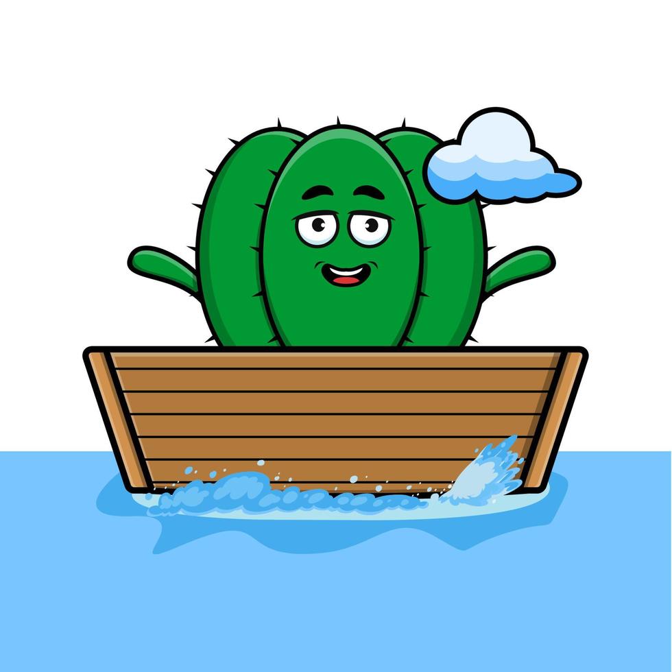 lindo cactus de dibujos animados sube al barco vector