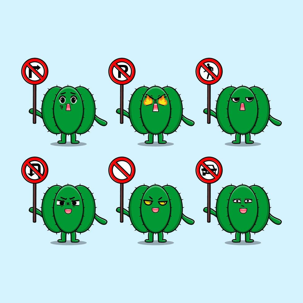 Cute Cactus cartoon character holding traffic sign vector