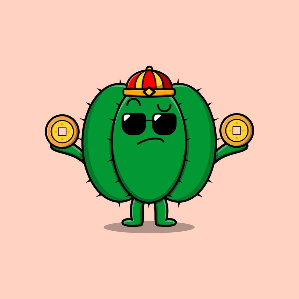 Cute cartoon Cactus chinese character holding coin vector