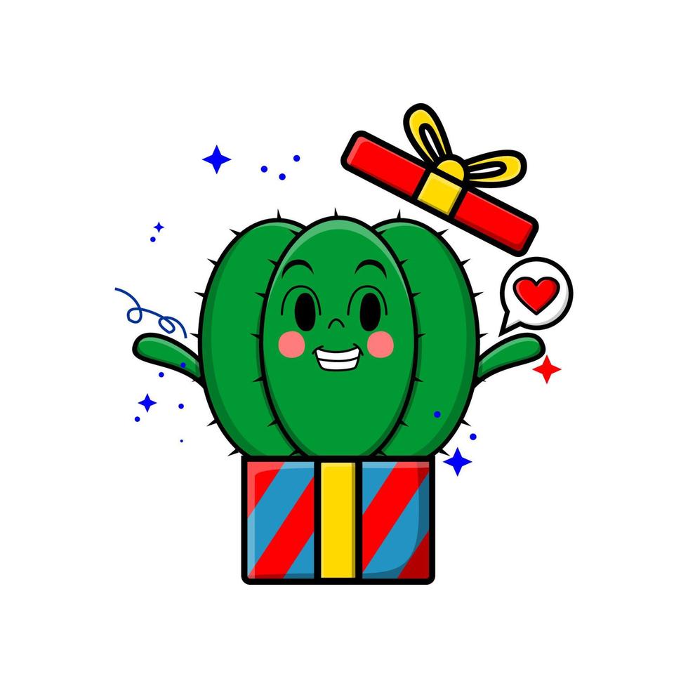 personaje de cactus de dibujos animados lindo con caja de regalo vector