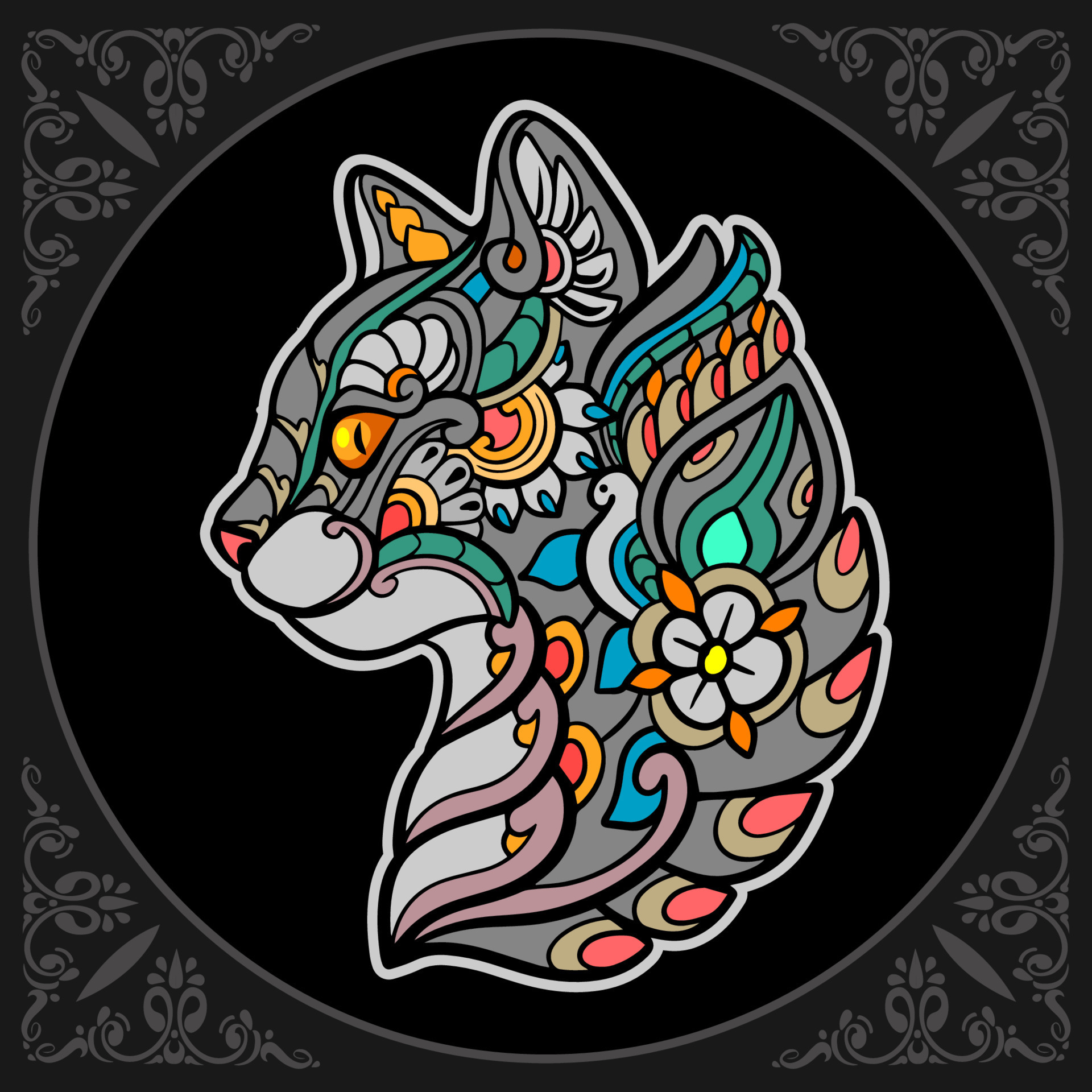 Colorful cat head mandala arts isolated on black background 12605910