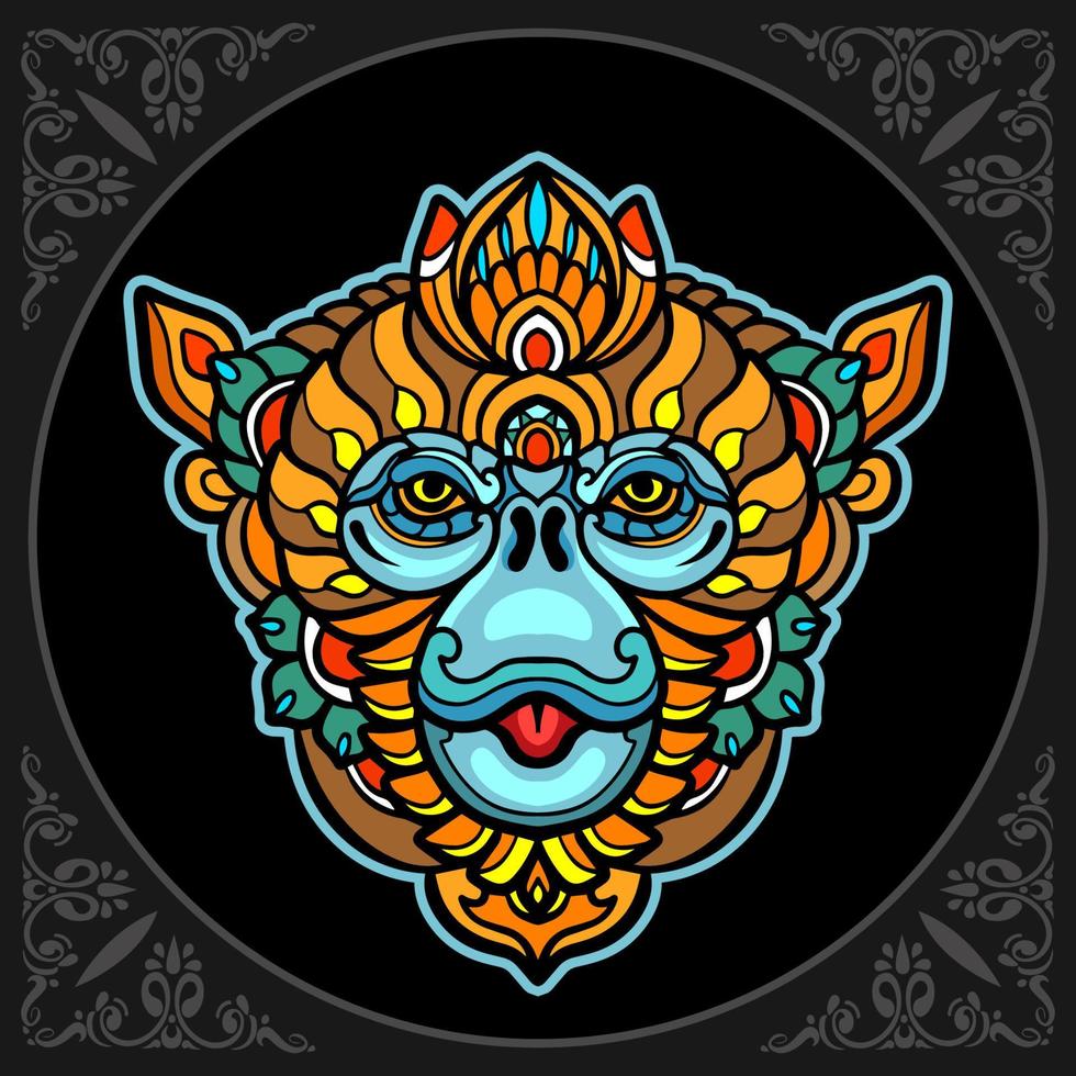 Cabeza de mono colorido artes mandala aislado sobre fondo negro vector