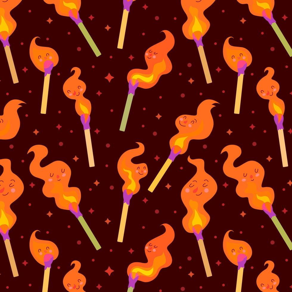 Pattern. Cute burning matches fire on a dark brown background. vector