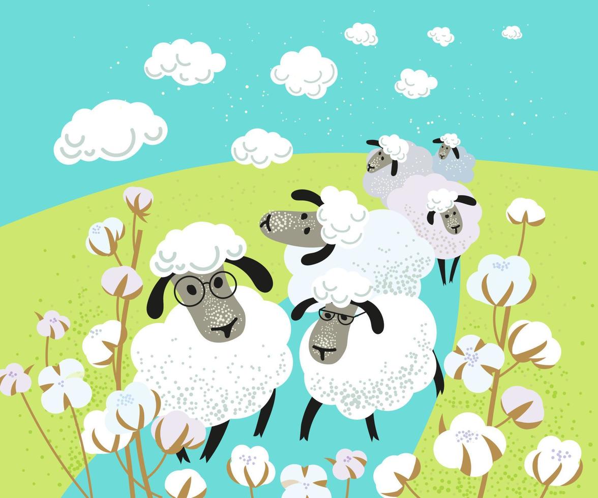 cute sheep walk across the field with cotton flowers vector