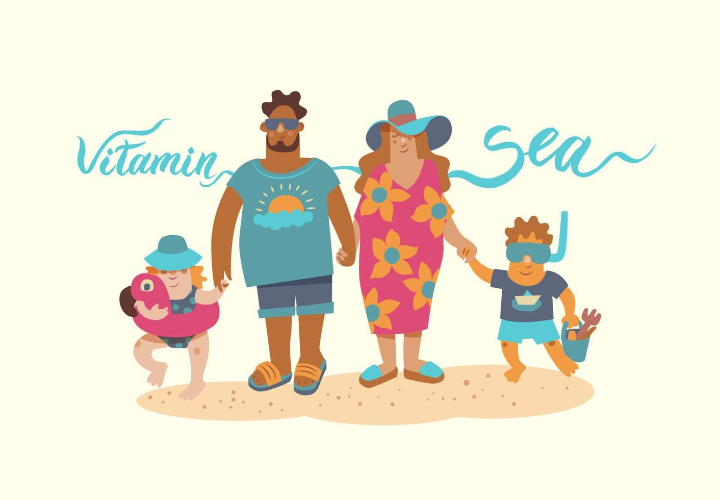 happy family on the beach. little girl with a swimming circle, dad and mom, little boy with a mask and a snorkel for swimming. vector