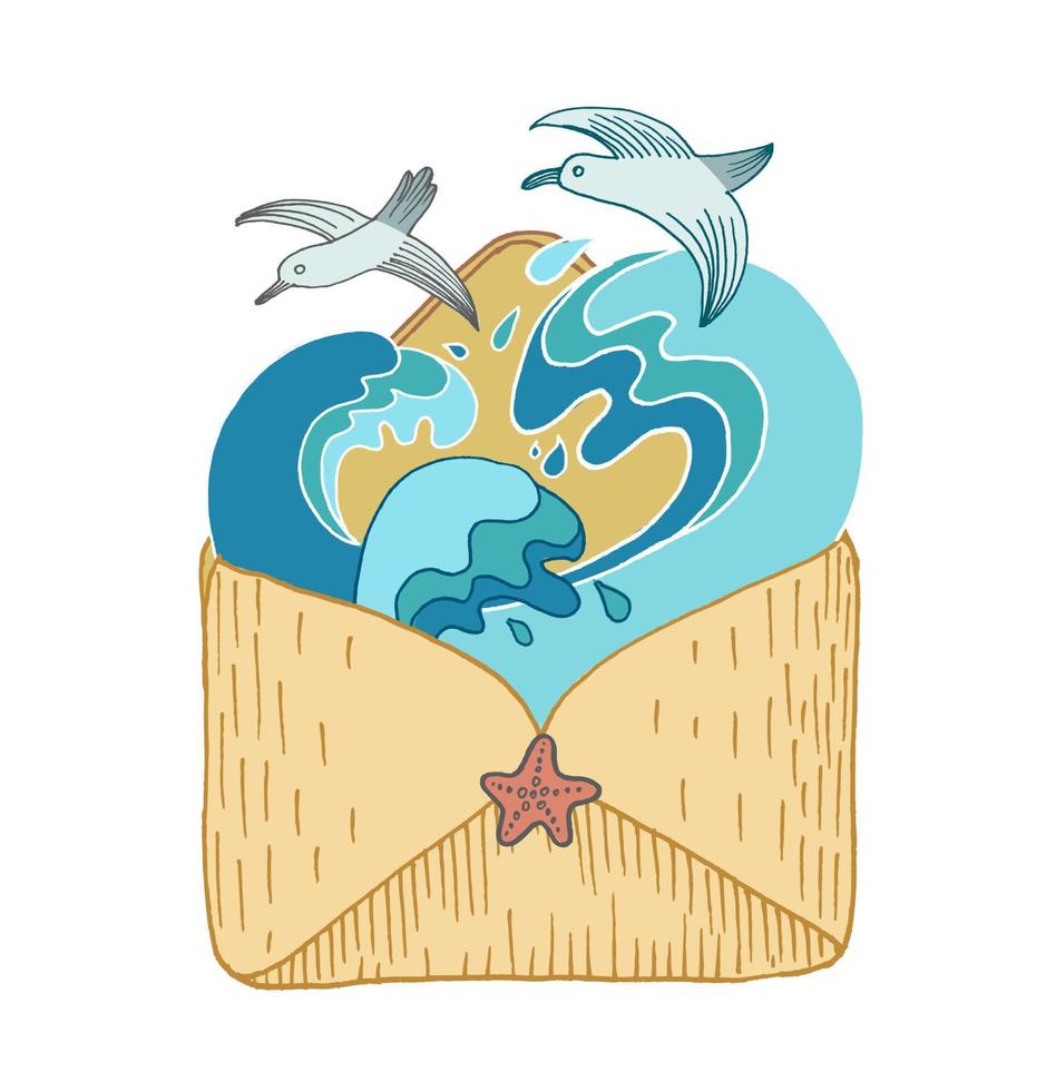 the envelope from which the sea waves crawl out above them seagulls fly vector