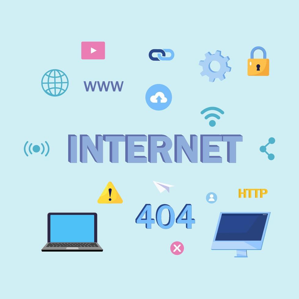 conjunto de concepto de iconos de internet. dispositivo digital con palabra de internet y tecnología inalámbrica. vector