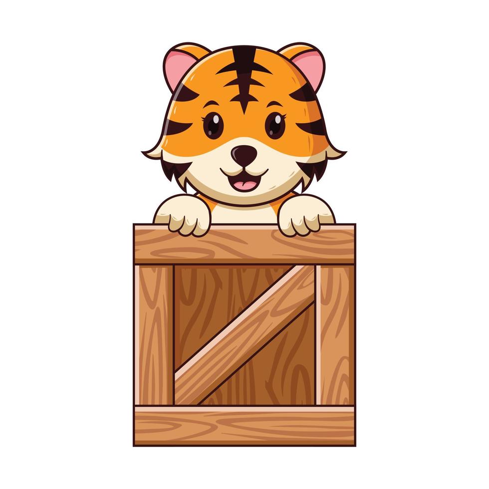 Cute Tiger in a wooden box Cartoon. Animal Icon Concept. Flat Cartoon Style. Suitable for Web Landing Page, Banner, Flyer, Sticker, Card vector