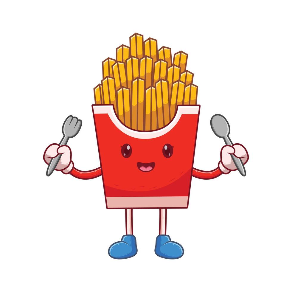 Cute French Fries Holding Spoon and Fork. Food Icon Concept. Flat Cartoon Style. Suitable for Web Landing Page, Banner, Flyer, Sticker, Card vector