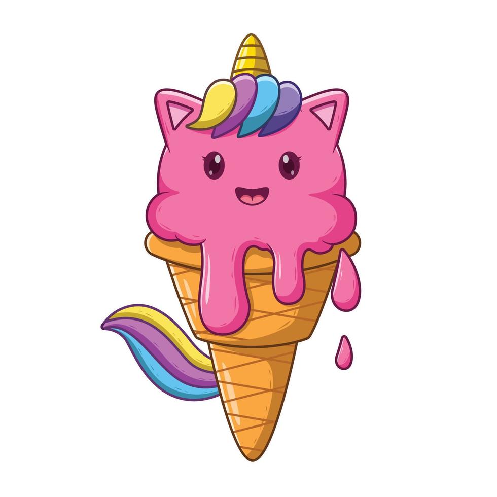 linda caricatura de helado de unicornio. concepto de icono de comida. estilo de dibujos animados plana. adecuado para página de inicio web, pancarta, volante, pegatina, tarjeta vector