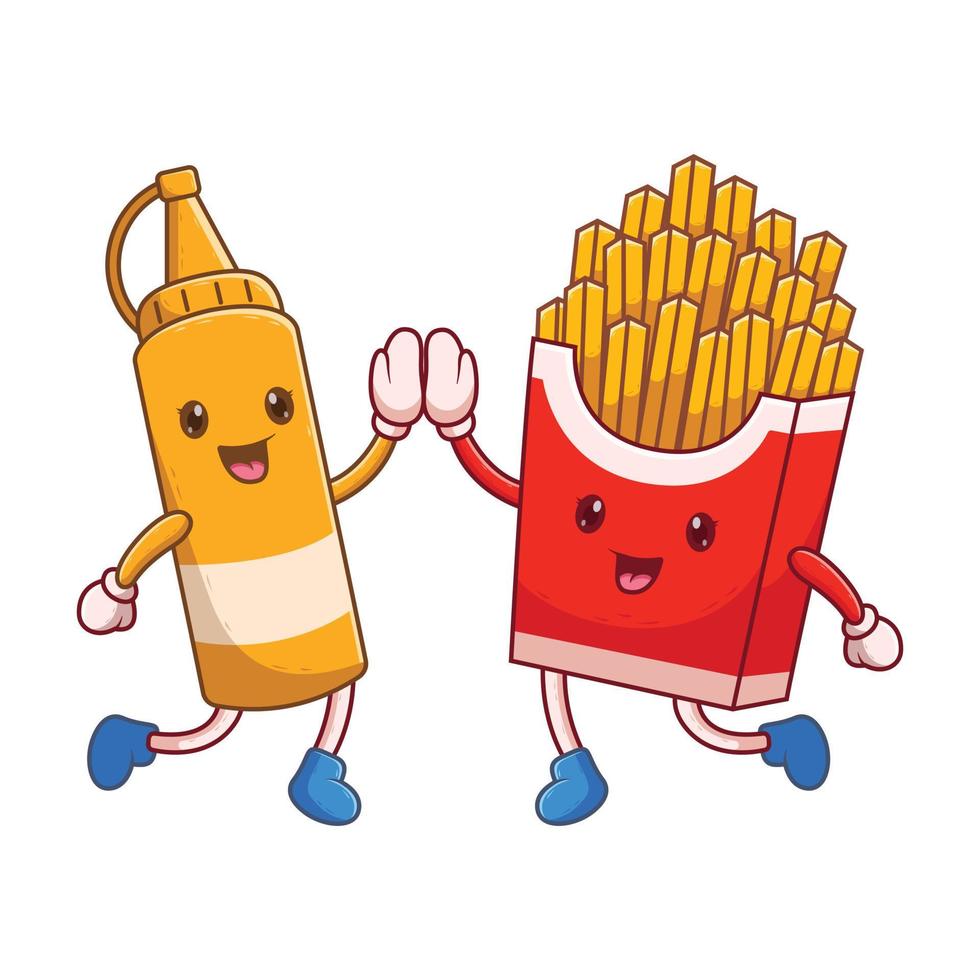 Cute Sauce Bottle High Five With french fries. Food Icon Concept. Flat Cartoon Style. Suitable for Web Landing Page, Banner, Flyer, Sticker, Card vector