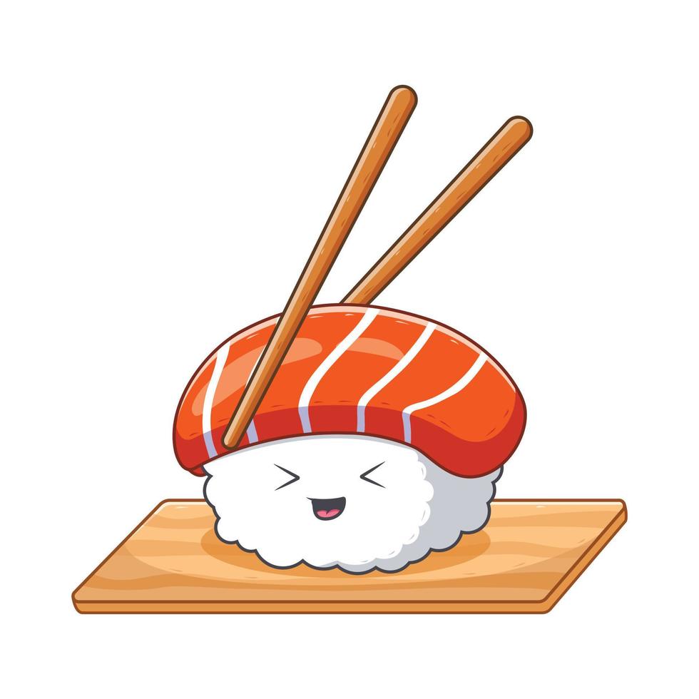 Cute Sushi With Chopstick Cartoon. Food Icon Concept. Flat Cartoon Style. Suitable for Web Landing Page, Banner, Flyer, Sticker, Card vector