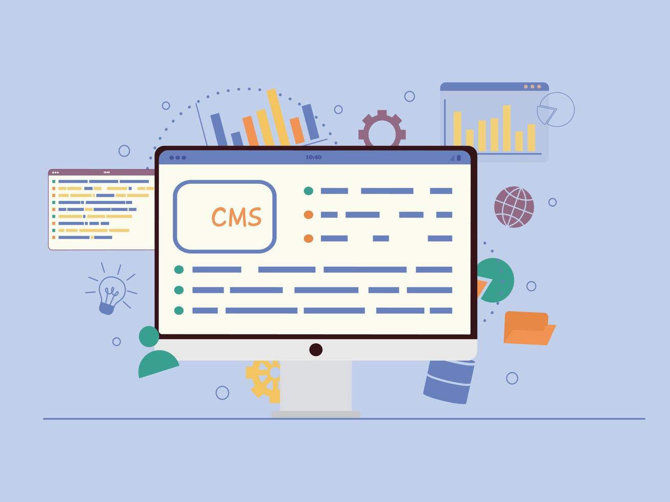 Content management system concept design or CMS concept design. Software development. Website architecture. Flat vector illustration