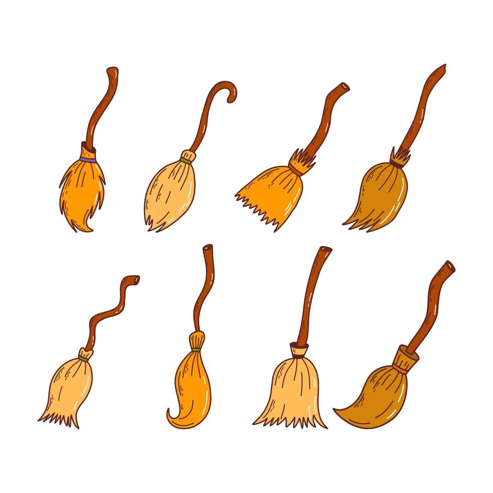 Set of different witch brooms. Halloween elements. Trick or treat concept. Vector illustration in hand drawn style