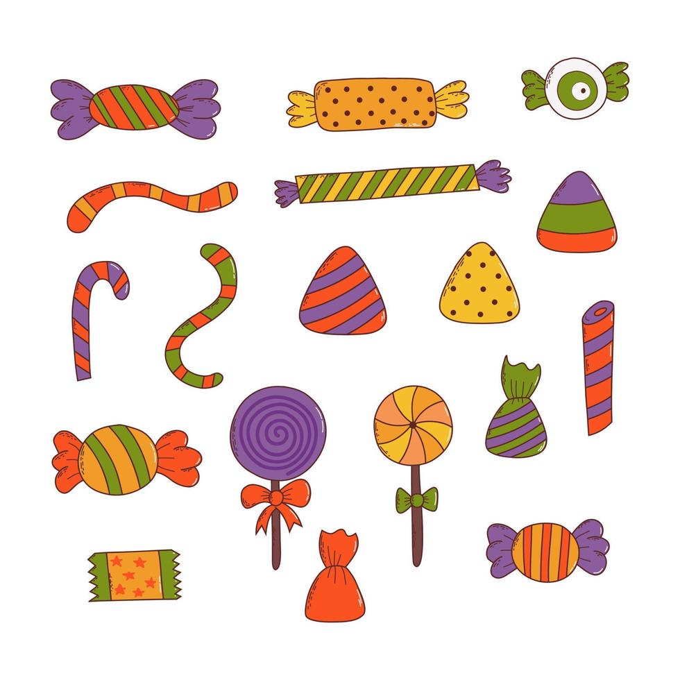 Set of colorful halloween sweets. Halloween elements. Trick or treat concept. Vector illustration in hand drawn style