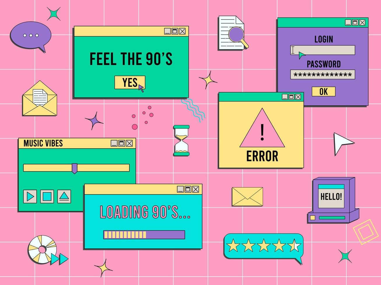 Set of vaporwave UI and UX elements. PC retro game frame. Nostalgic style 70s, 80s, 90s. vector
