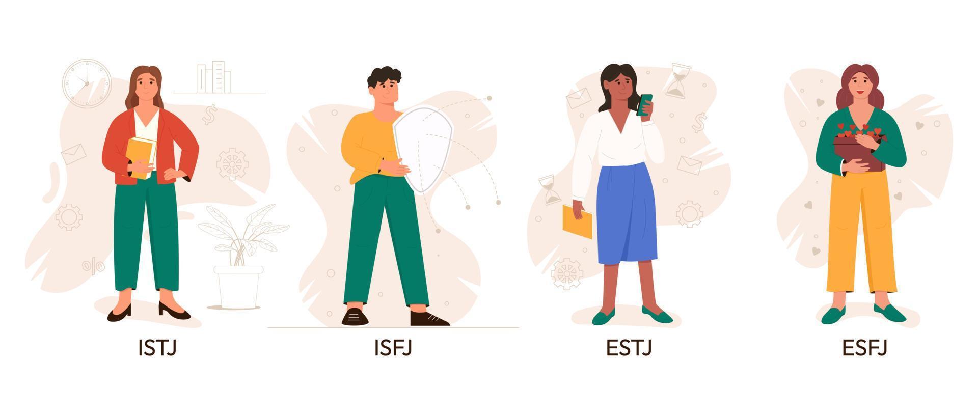 conjunto de tipos de persona centinelas mbti. socionics mbti. test de personalidad. concepto de comportamiento mental. ilustración vectorial plana vector