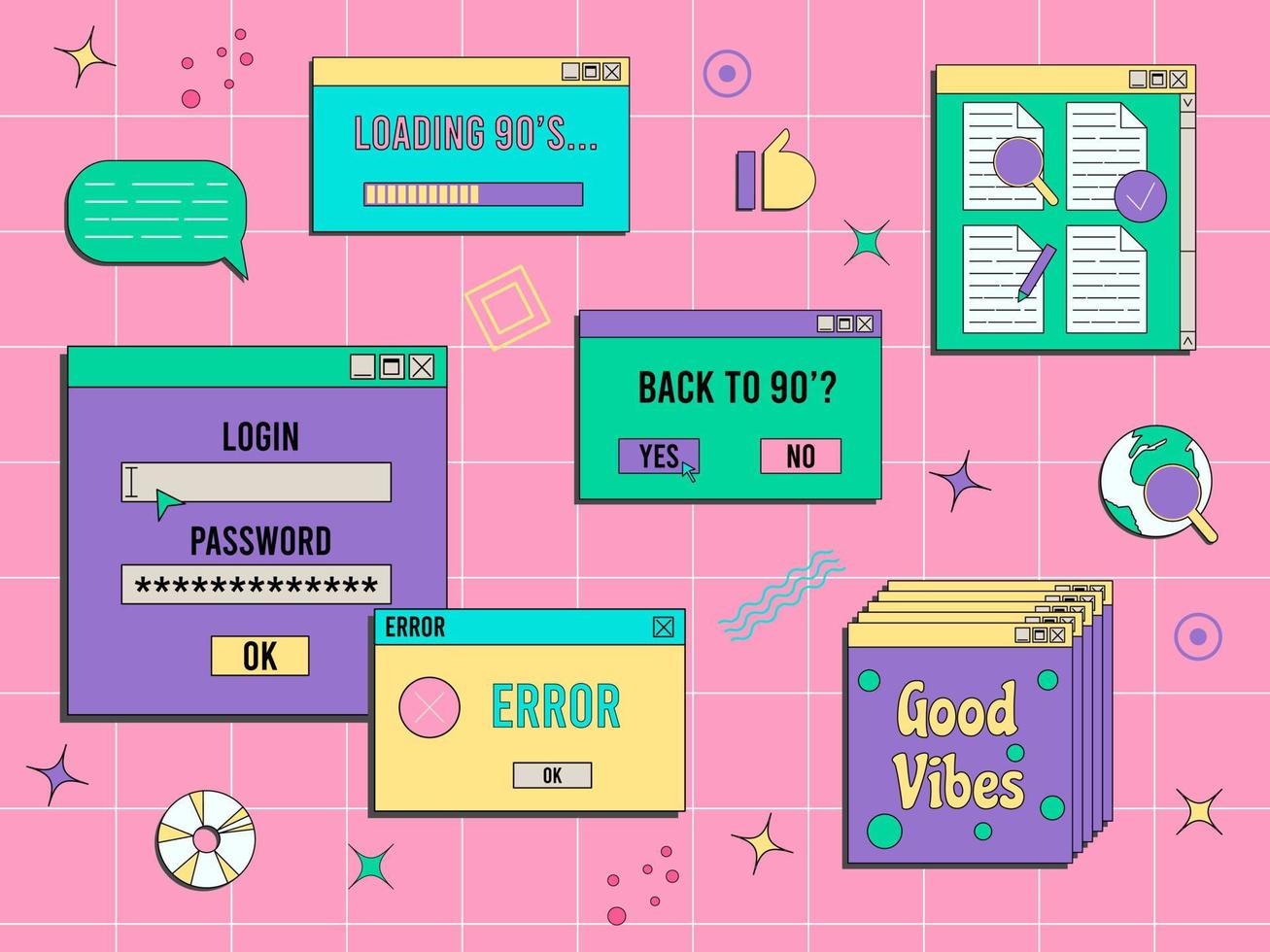 Set of vaporwave UI and UX elements. PC retro game frame. Nostalgic style 70s, 80s, 90s. vector