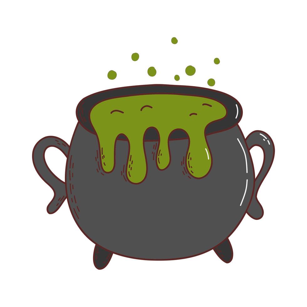 Halloween witches cauldron with poison potion. Halloween element. Trick or treat concept. Vector illustration in hand drawn style