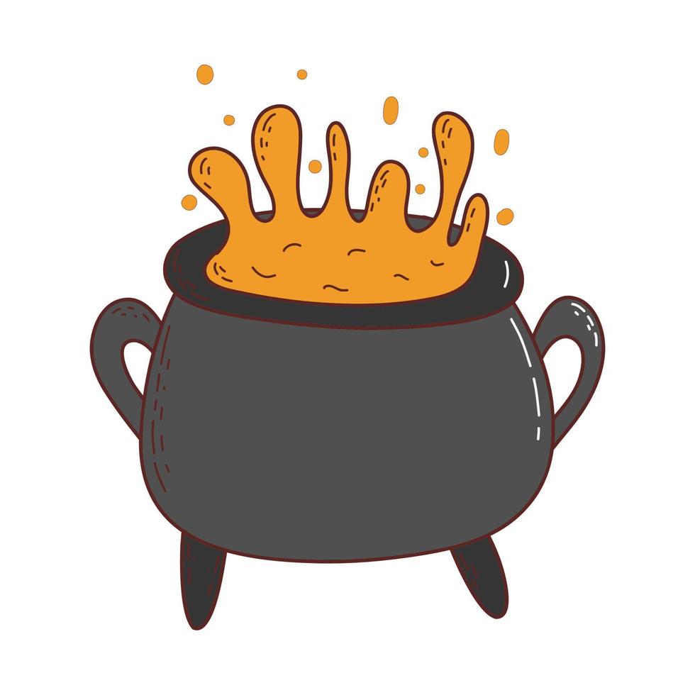 Halloween witches cauldron with poison potion. Halloween element. Trick or treat concept. Vector illustration in hand drawn style