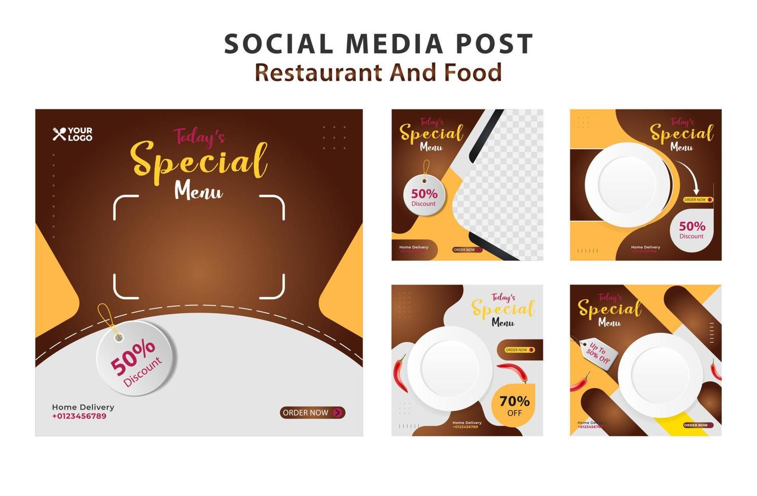food or culinary social media post template. editable social post banner ads. brown and yellow isolated background. vector
