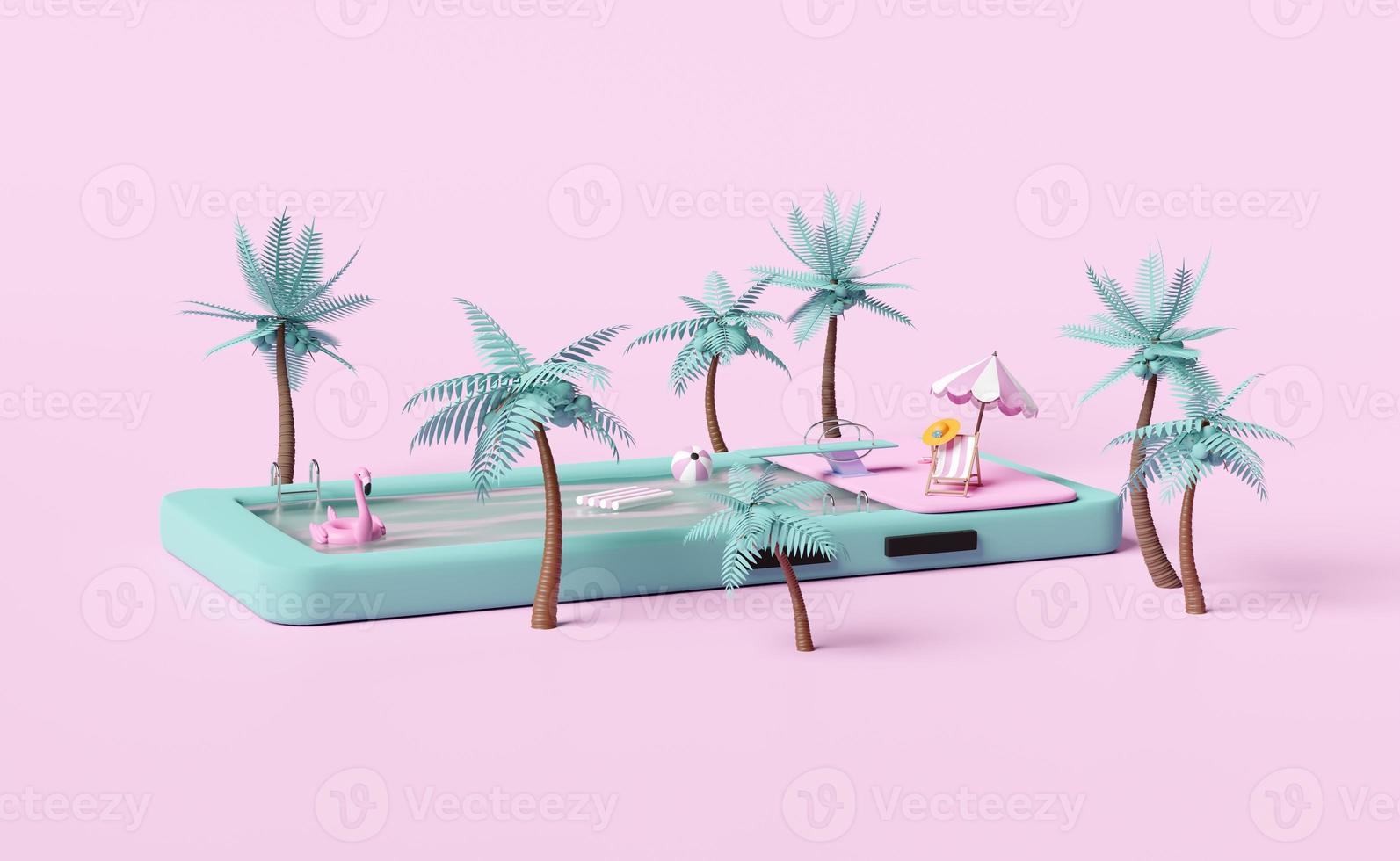 mobile phone or smartphone with swimming pool,palms,beach chair,inflatable flamingo,parasol,sandals,spring board isolated on pink background.summer travel vacation concept,3d illustration or 3d render photo
