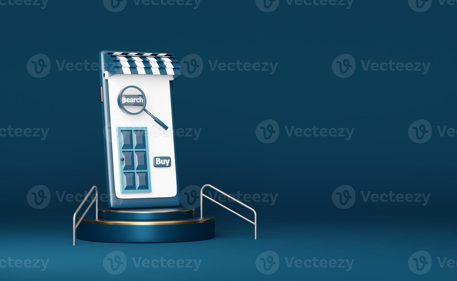 mobile phone or smartphone store front with cylinder podiumin,handrail isolated on blue background ,pedestal showcase for modern,online shopping or search data concept,3d illustration or 3d render photo