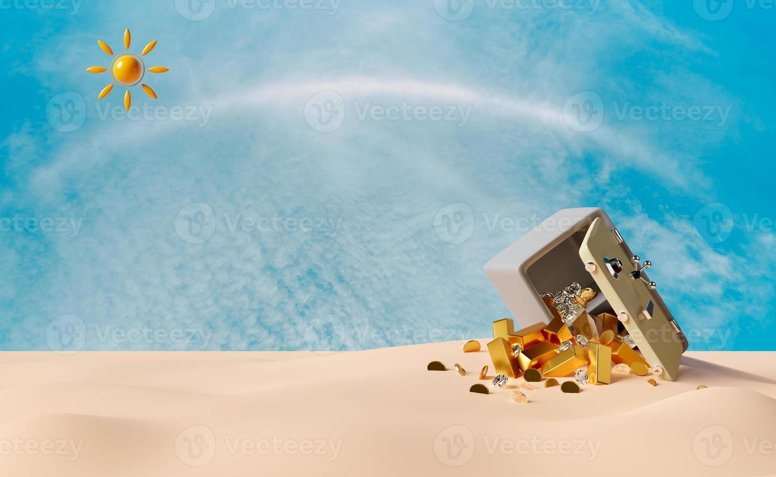 Abstract of safe box full of coins,gold bar,diamond with island or sandy beach,sun isolated on blue sky background, business banking concept ,3d illustration or 3d rendering photo