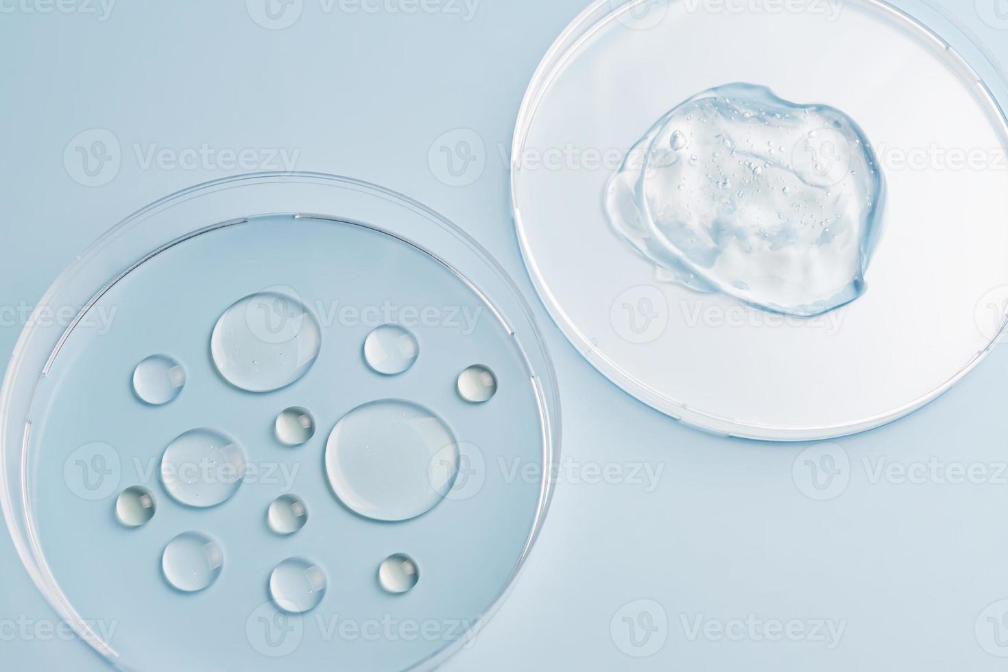 Transparent drops of cosmetic product serum and gel in petri dish. Liquid texture with bubbles on blue background. Skincare products, natural cosmetic. Beauty concept for face and body photo