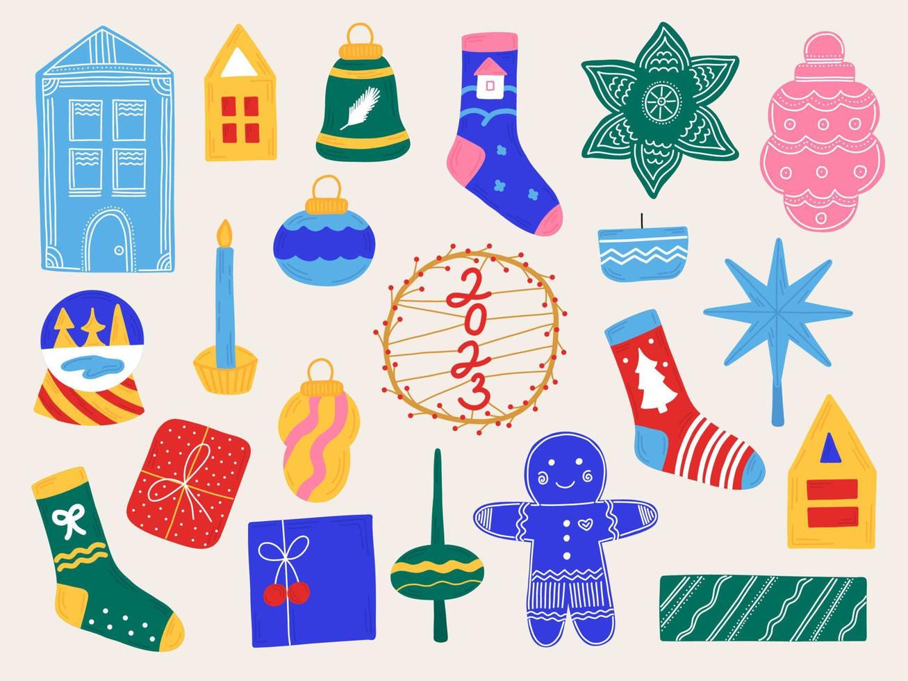 New Year set Christmas elements in hand drawn style. Isolated icons, stickers for the design of brochures, invitations. vector