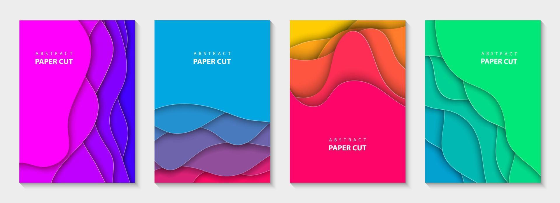 Vector vertical flyers with vivid colors paper cut waves shapes. 3D abstract paper style, design layout for business presentations, flyers, posters, prints, decoration, cards, brochure cover, banners.