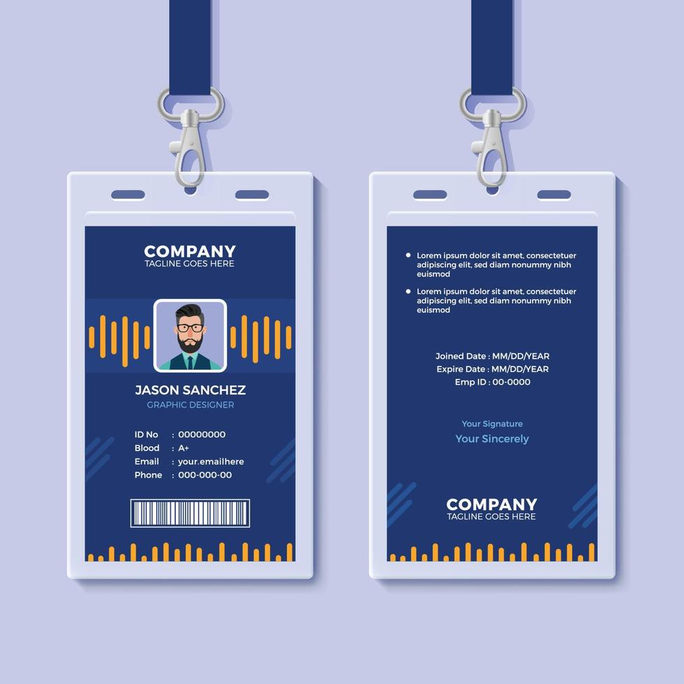 plantilla de tarjeta de identificación azul con gráficos amarillos vector