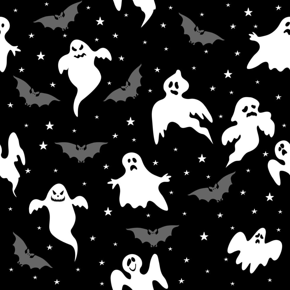 Vector seamless pattern for Halloween. Ghost, bats and stars. Bright cartoon pattern for Halloween