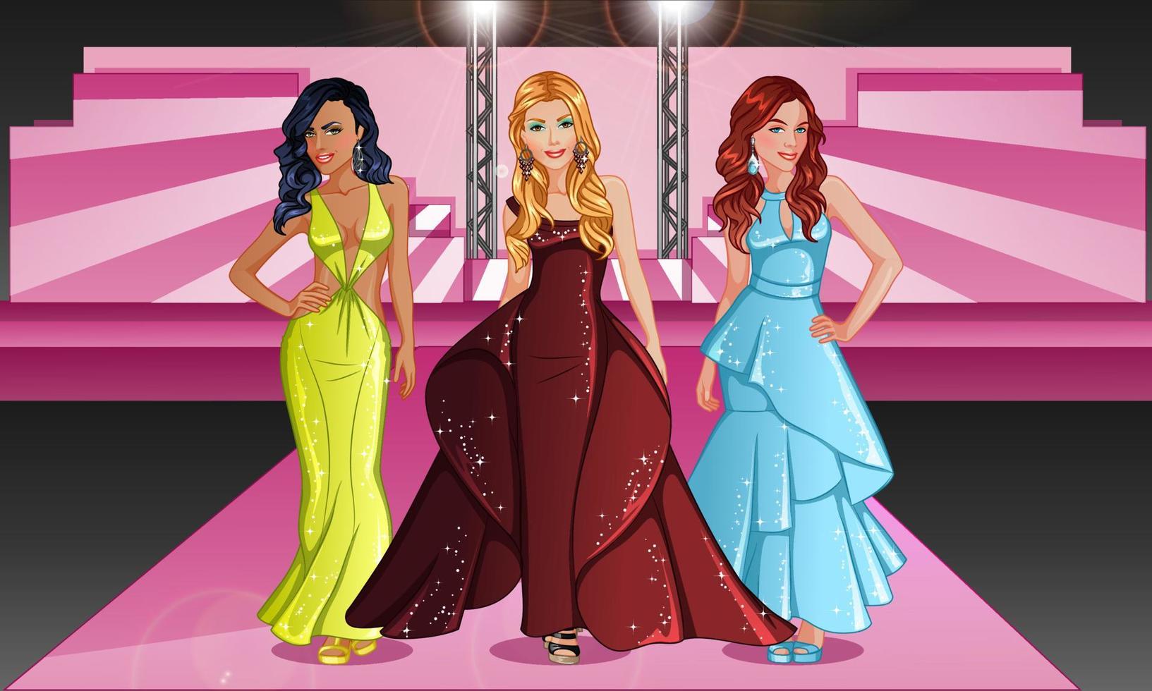 fondo y conjunto de personajes de moda femenina del tema del concurso de belleza. ilustración vectorial vector
