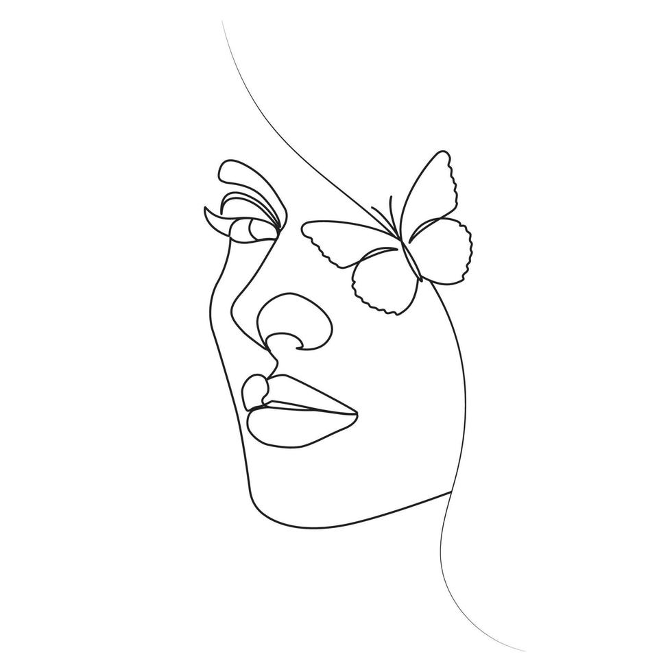 Woman head with butterfly eyes linear elegant one line art style vector