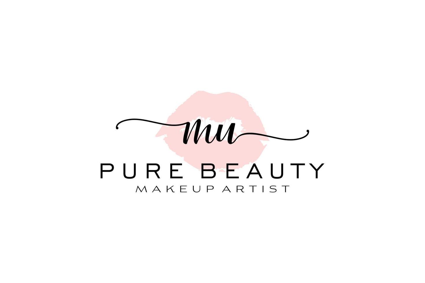 diseño de logotipo prefabricado de labios de acuarela mu inicial, logotipo para marca comercial de artista de maquillaje, diseño de logotipo de boutique de belleza rubor, logotipo de caligrafía con plantilla creativa. vector