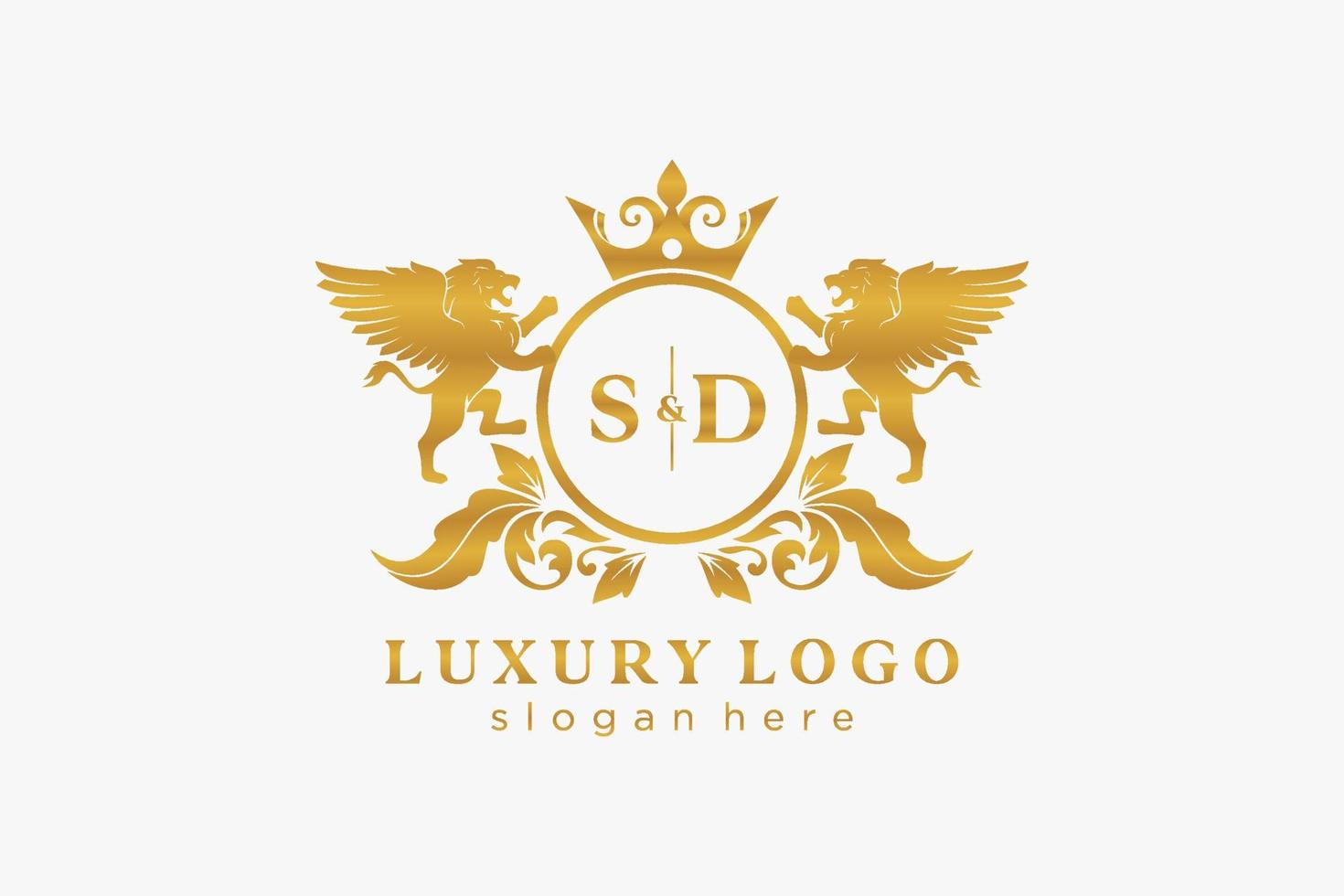 Initial SD Letter Lion Royal Luxury Logo template in vector art for Restaurant, Royalty, Boutique, Cafe, Hotel, Heraldic, Jewelry, Fashion and other vector illustration.
