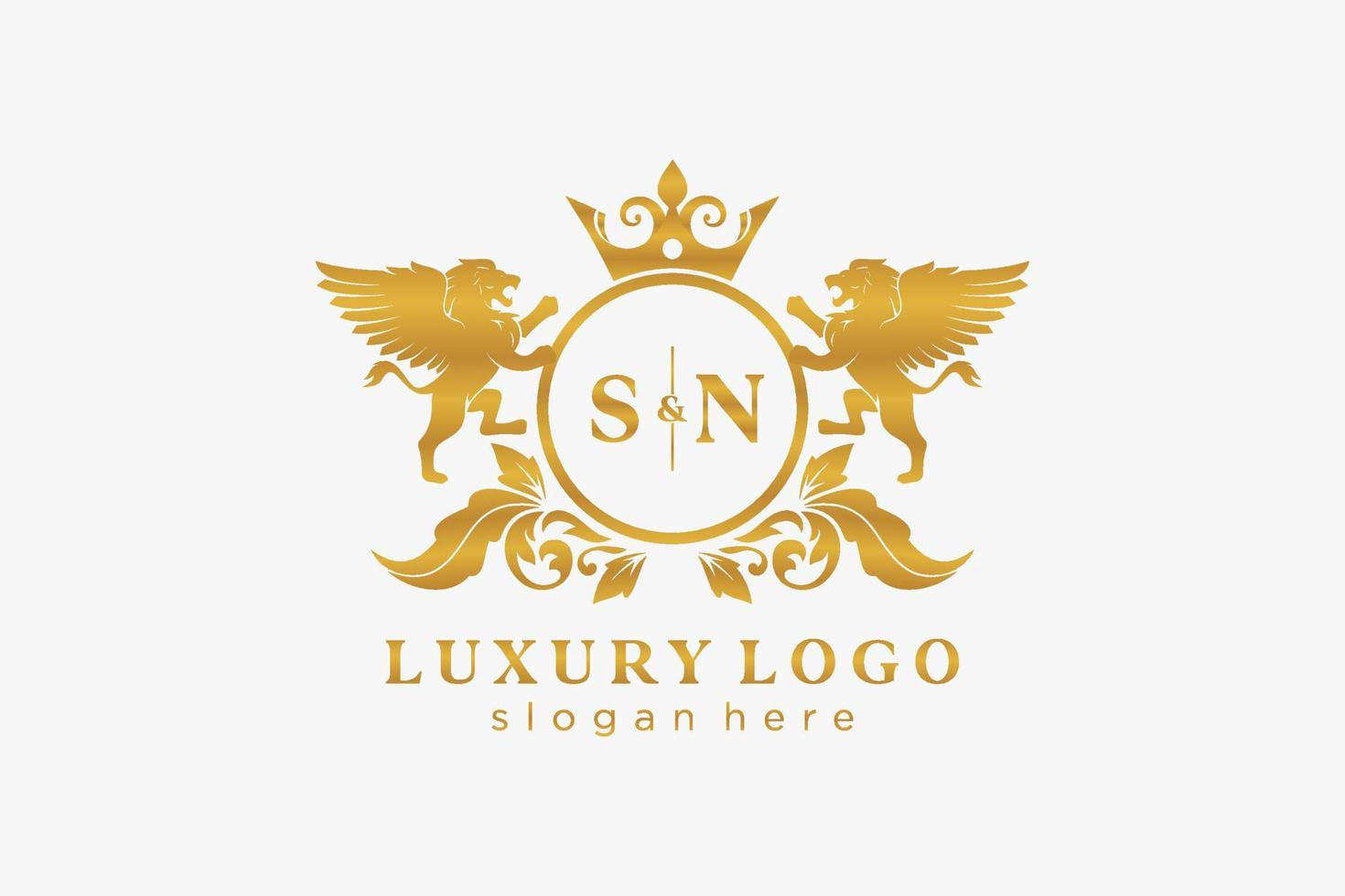 Initial SN Letter Lion Royal Luxury Logo template in vector art for Restaurant, Royalty, Boutique, Cafe, Hotel, Heraldic, Jewelry, Fashion and other vector illustration.