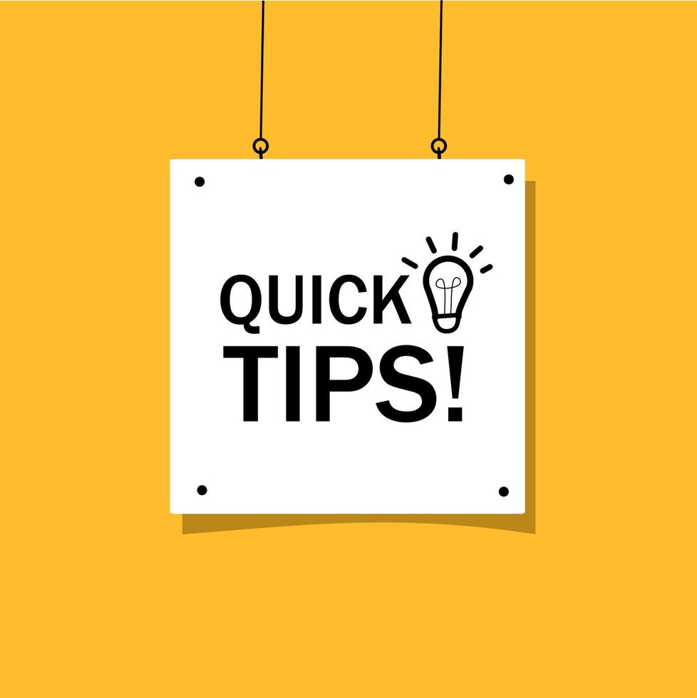 Quick tips banner - poster, icon with lightbulb. Flat design. Vector illustration isolated on white background.