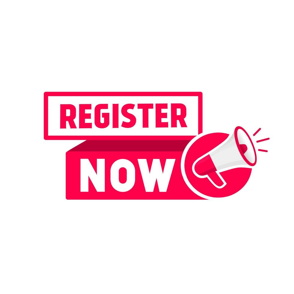 Register now banner, megaphone icon flat design. Vector illustration isolated on white background.