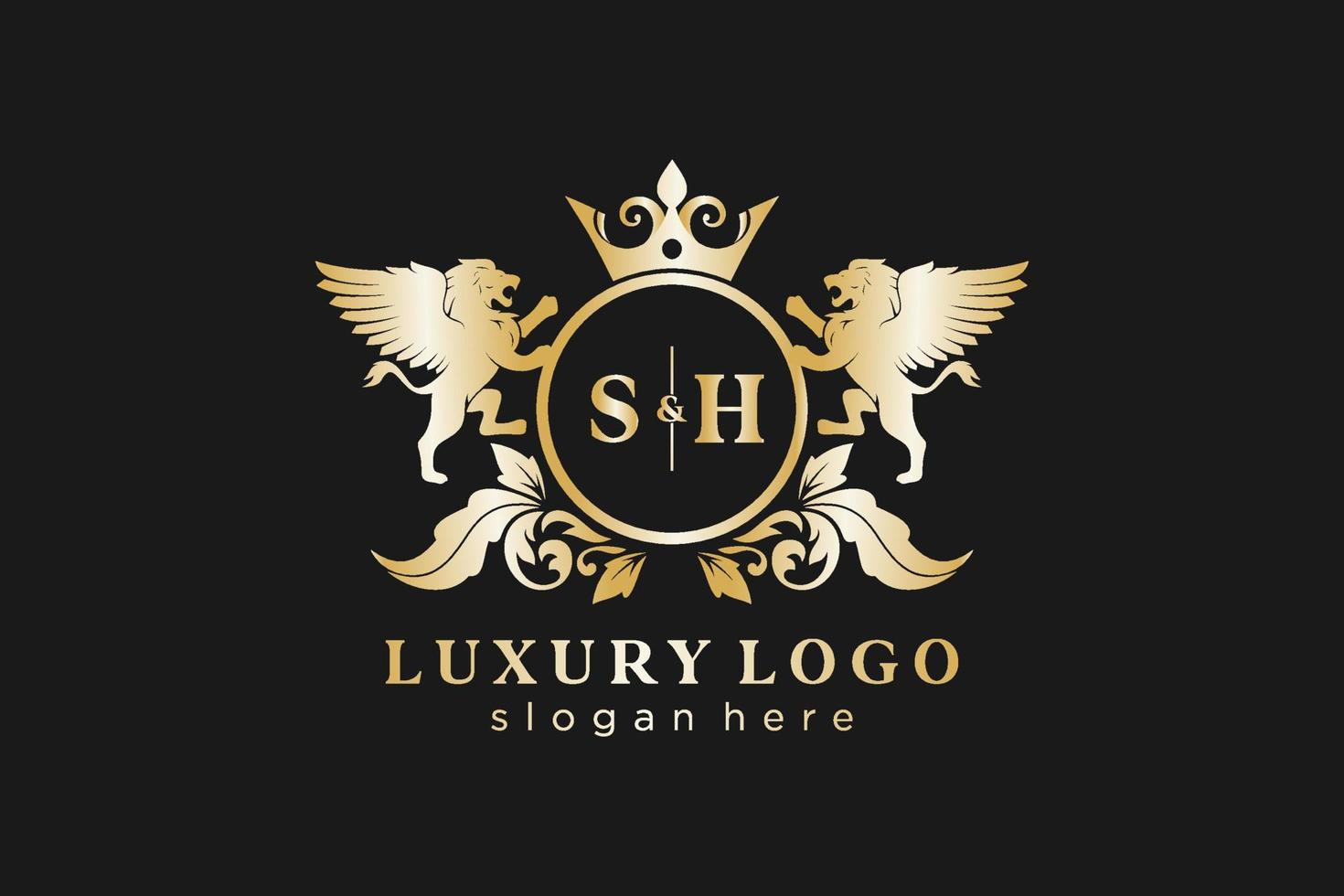 Initial SH Letter Lion Royal Luxury Logo template in vector art for Restaurant, Royalty, Boutique, Cafe, Hotel, Heraldic, Jewelry, Fashion and other vector illustration.