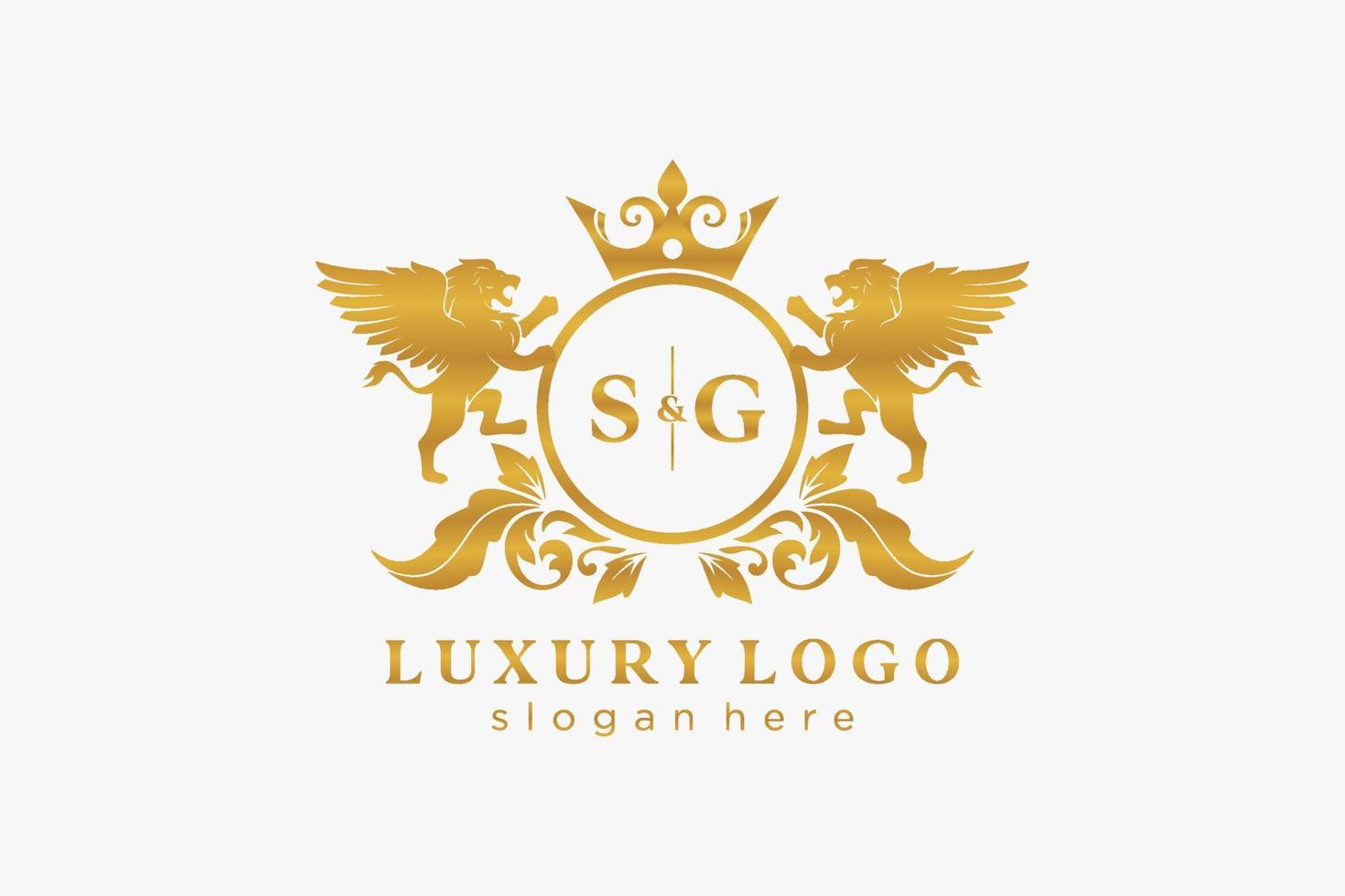 Initial SG Letter Lion Royal Luxury Logo template in vector art for Restaurant, Royalty, Boutique, Cafe, Hotel, Heraldic, Jewelry, Fashion and other vector illustration.