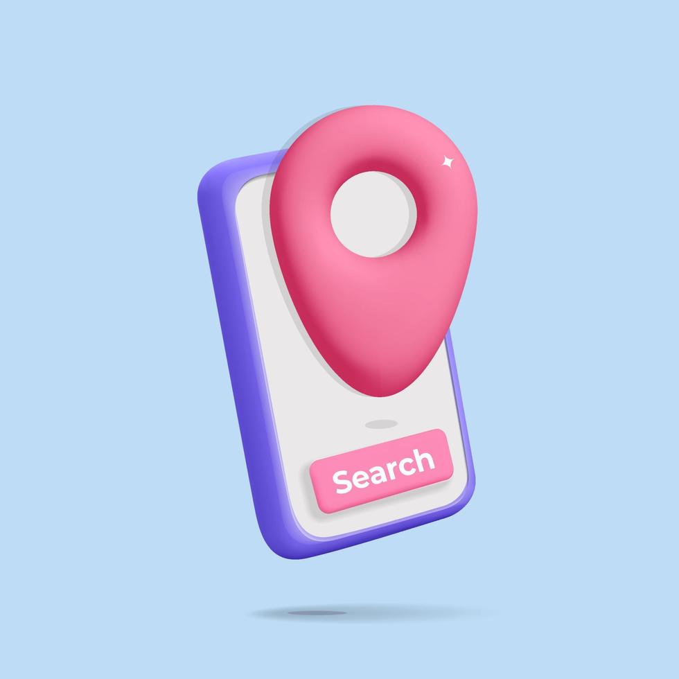 Teléfono inteligente mínimo de vector 3d con pin de ubicación y diseño de símbolo de botón de búsqueda